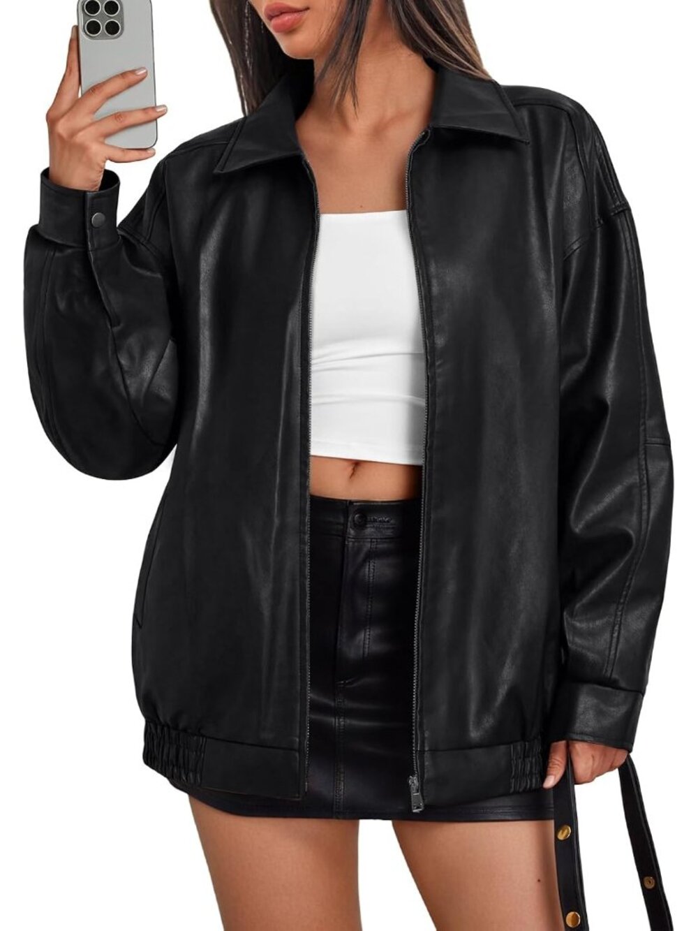 Women's Black Oversized Leather Jacket Moto Bomber Styling Fall&Winter Coat
